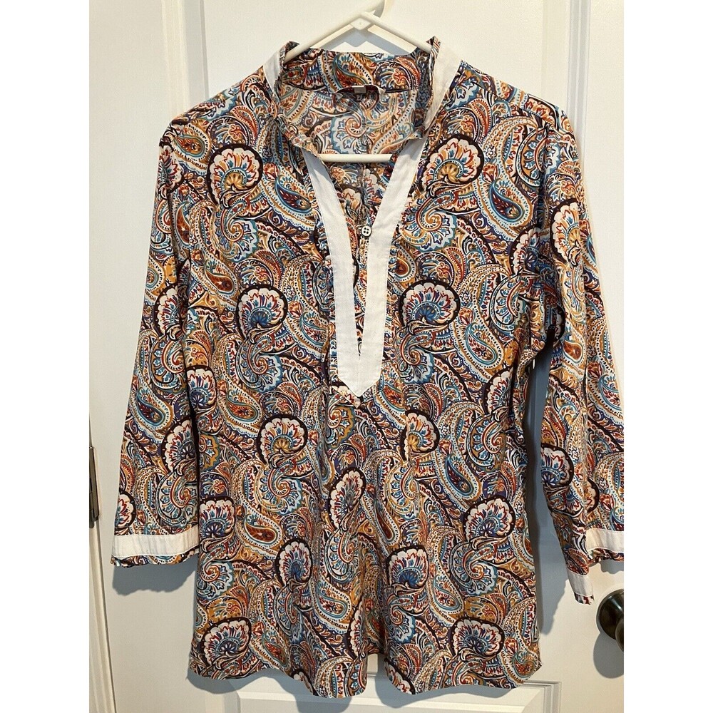 Peter Millar Womens Tunic Top size Medium Brown Paisley 3/4 Sleeve split neck